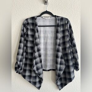 Tiffany and Grey Black White Plaid Kimono Cardigan Drape Open Front 3/4 Sleeves